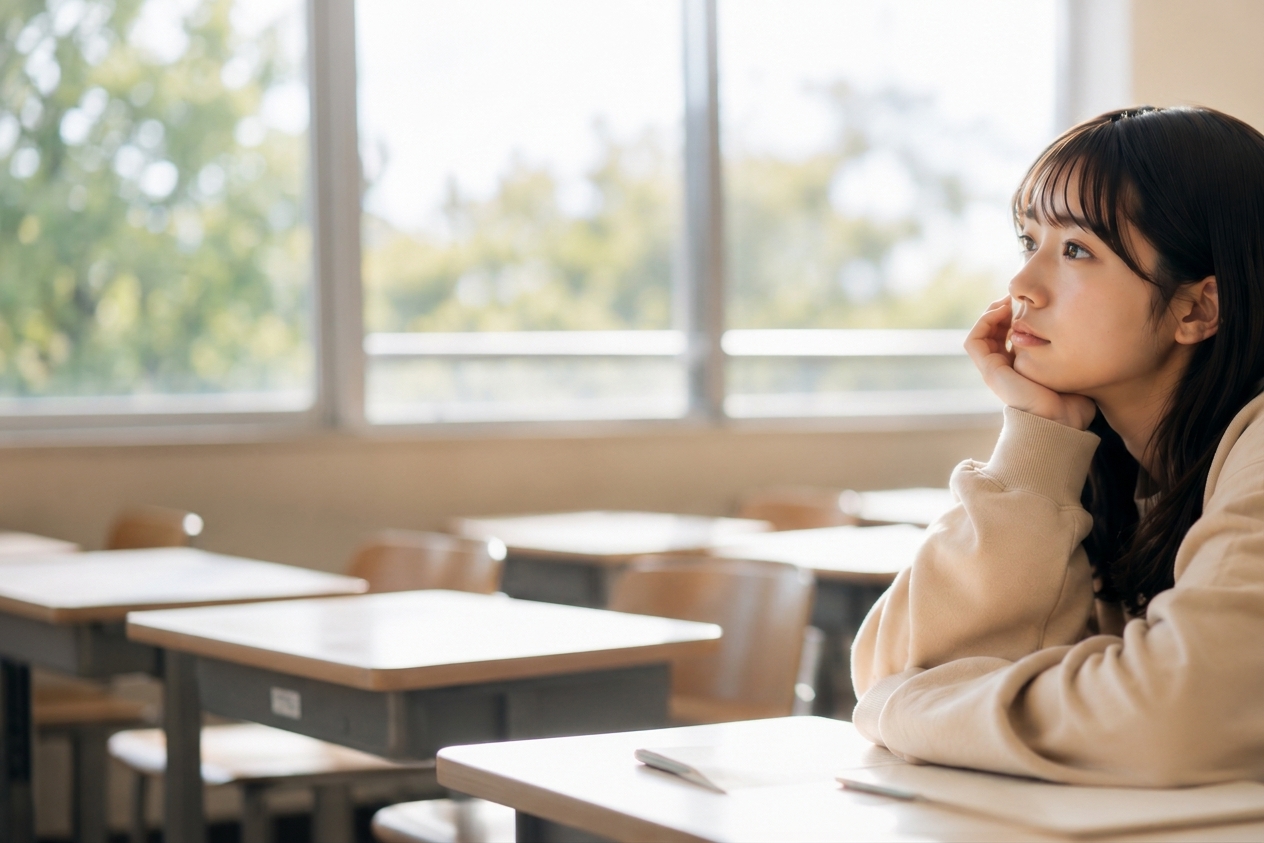 教室の窓辺で頬杖をついて考えごとをしている学生